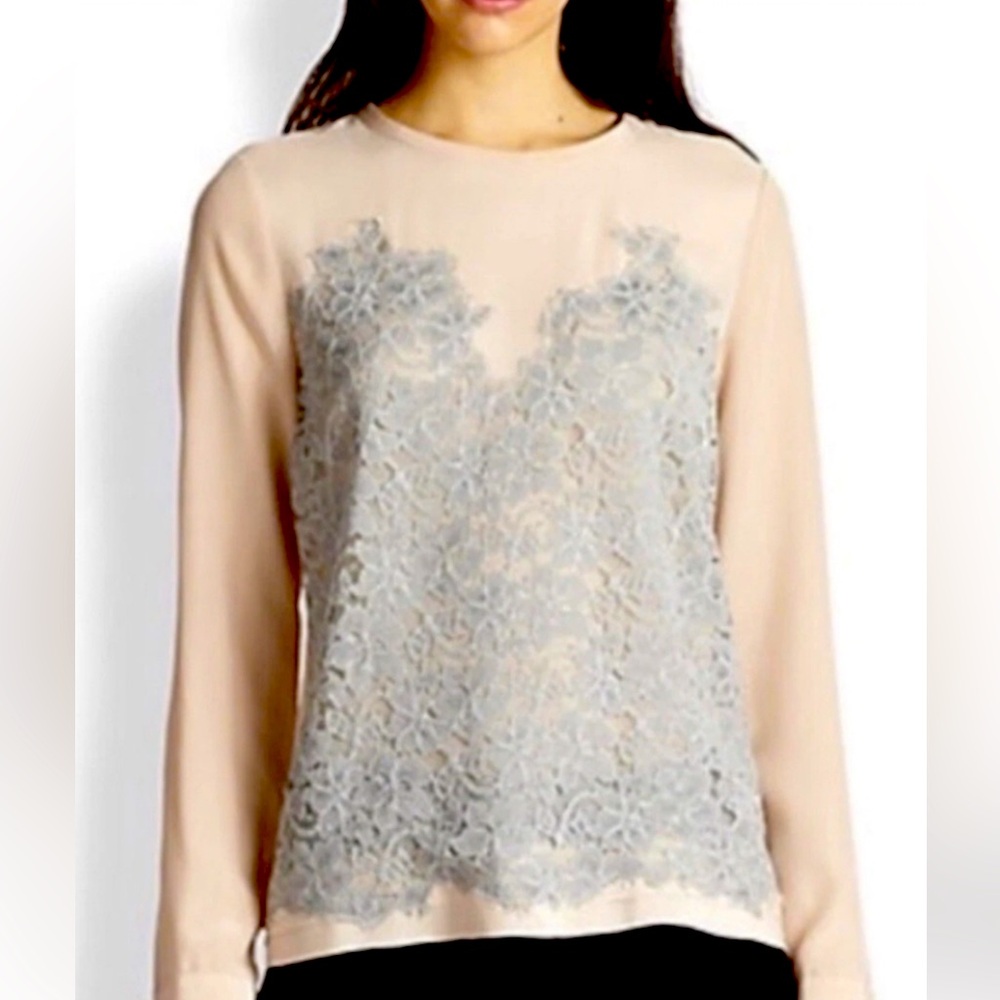 Diane von Furstenberg 100% Silk blouse Size 10 blush and grey lace Long Sleeve
